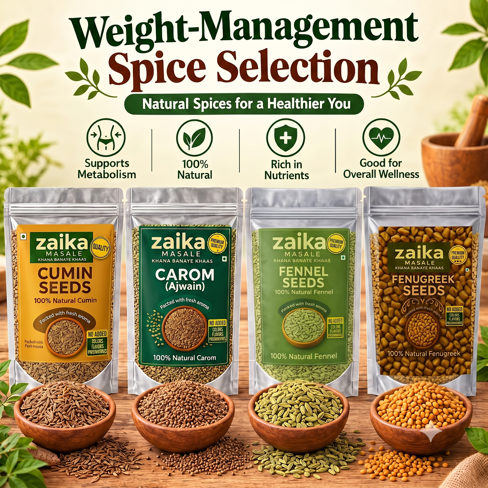 Zaika Masale Weight-Management Spice Selection with Cumin Seeds Carom Seeds Fennel Seeds and Fenugreek Seeds